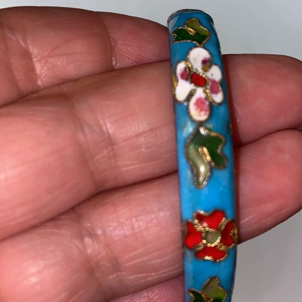 VTG,Cloisonne Blue Floral Hinged Enamel Bangle Bracelet